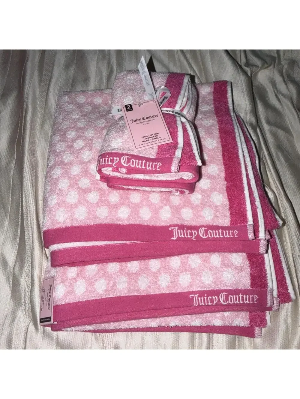 Juicy Couture Pink Polka Dot Bath Towel Set 4PC Home Collection NWT